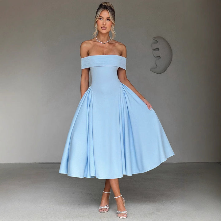 Formal off-shoulder A-line midi dress for women, ideal for evening, cocktail, and special occasions.