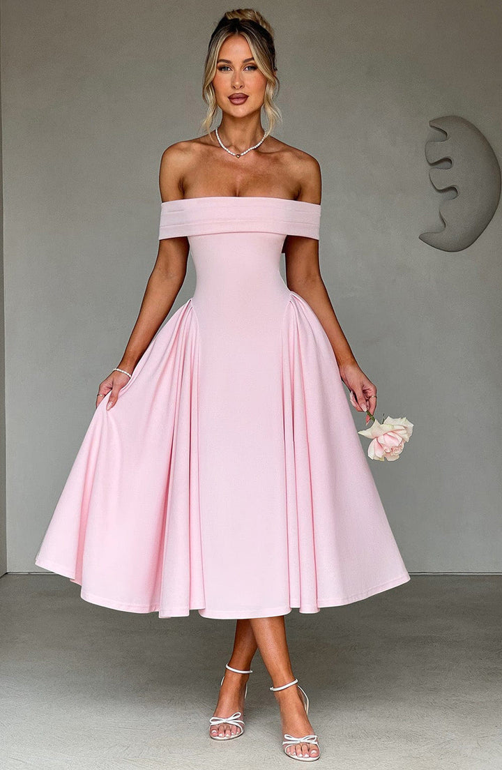 Flattering A-line midi dress with an elegant off-shoulder design, perfect for women's formal fashion.