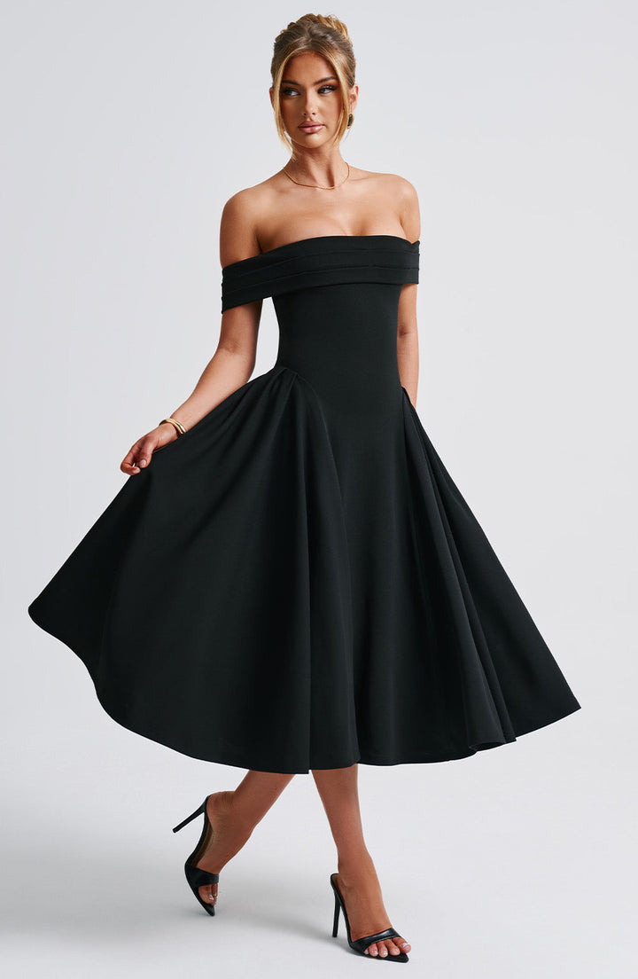 Women's elegant off-shoulder A-line midi dress, a stunning choice for special occasion and party wear.