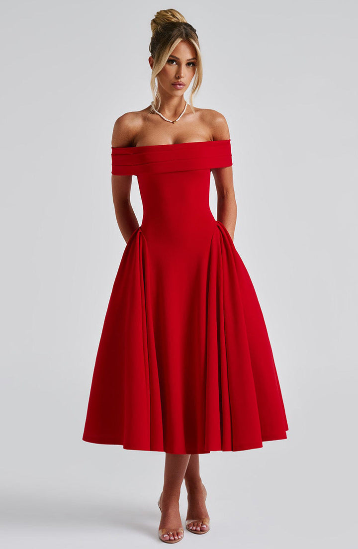 Elegant women's off-shoulder A-line midi dress. Flattering formal wear for parties & special occasions.