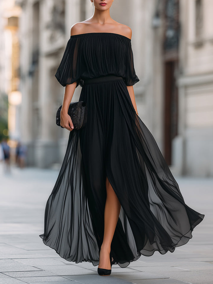 Elegant women's off shoulder balloon sleeve pleated maxi dress, perfect for formal occasions.