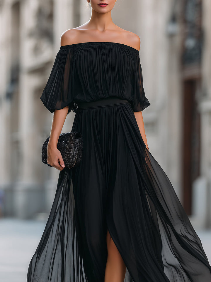 Elegant women's maxi dress: off shoulder, balloon sleeve, pleated. Ideal for formal summer events.