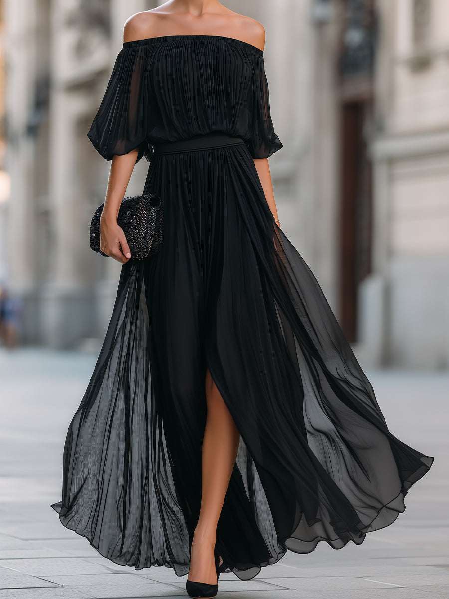 Autumn fashion: women's off-shoulder pleated maxi dress with beautiful balloon sleeves.