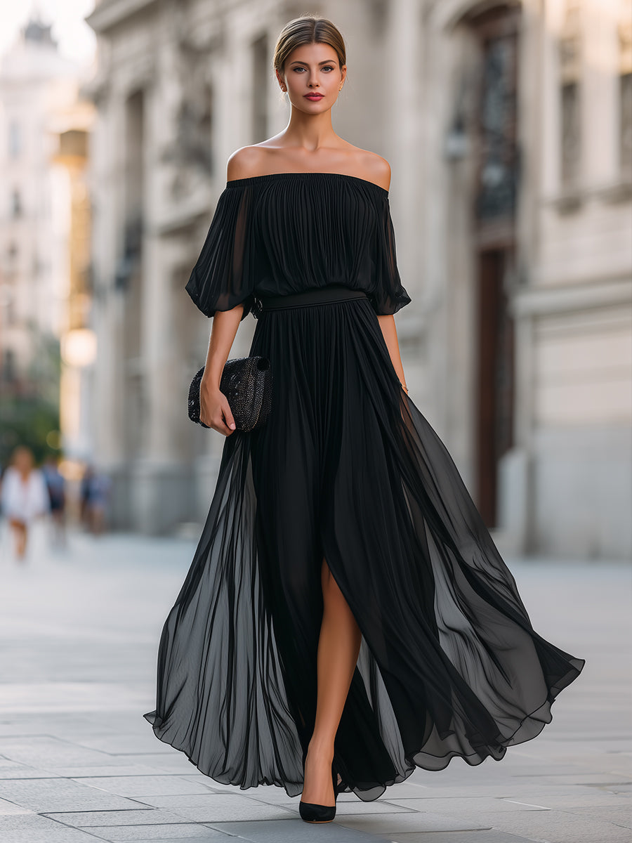 Gorgeous women's off-shoulder balloon sleeve maxi dress with elegant pleats, perfect for events.