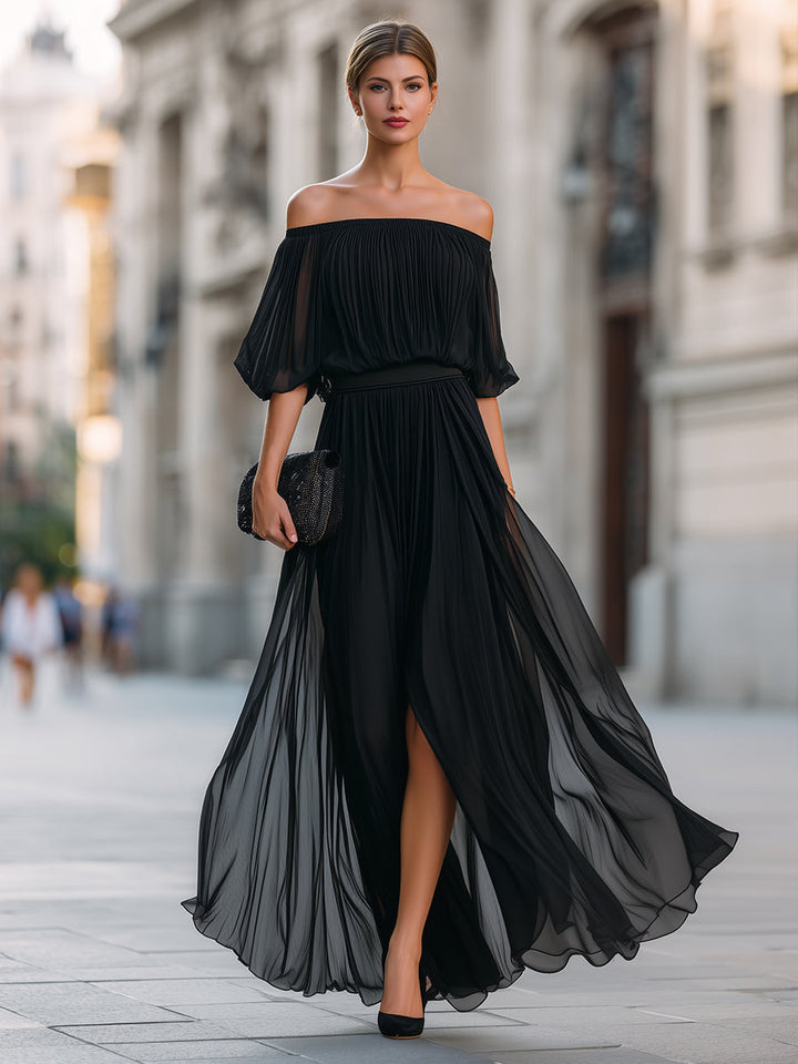 Gorgeous women's off-shoulder balloon sleeve maxi dress with elegant pleats, perfect for events.