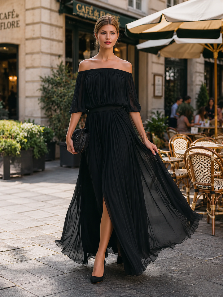 Formal pleated maxi dress for women, featuring elegant off-shoulder design and balloon sleeves.