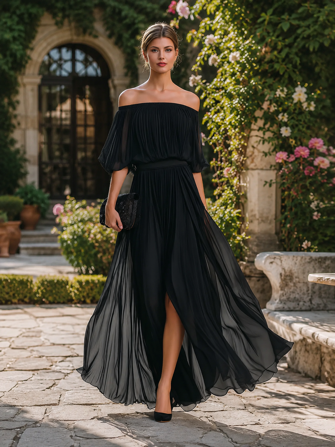 Beautiful pleated maxi dress for women, off-shoulder design with stylish balloon sleeves.