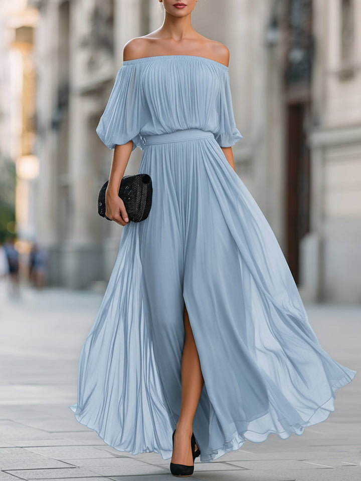 Chic off shoulder women's evening dress, balloon sleeves & elegant pleats, ideal for parties.