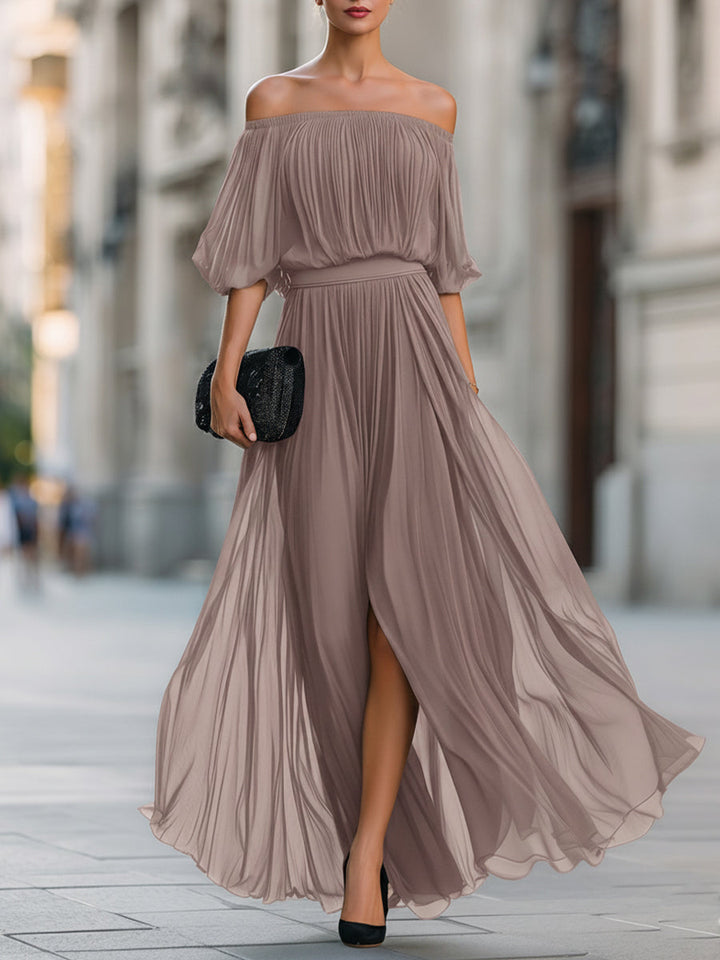 Fashionable off-shoulder pleated maxi dress for women, elegant balloon sleeves, summer style.