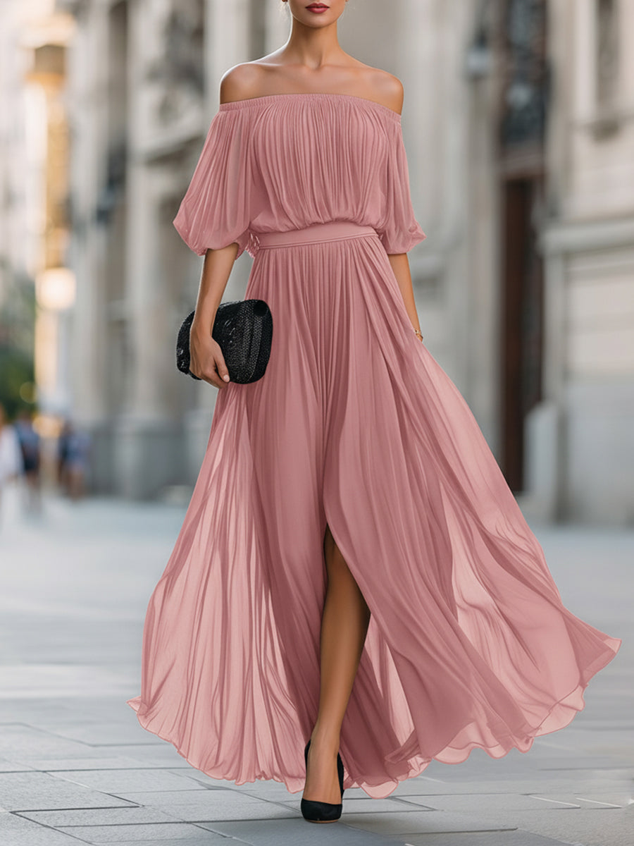 Women's formal occasion wear: off shoulder balloon sleeve pleated maxi dress, elegant design.