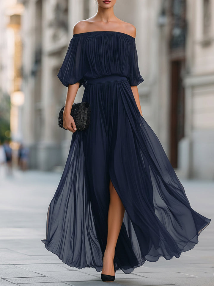 Off shoulder pleated maxi dress with dramatic balloon sleeves, a stunning party dress for women.