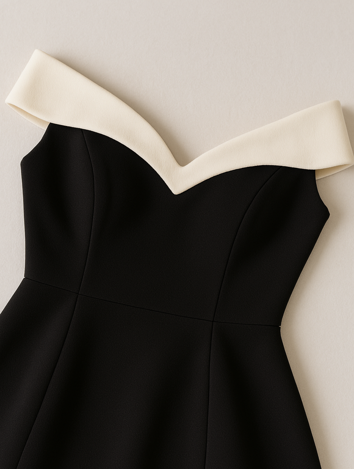 Black elegant off-shoulder mini dress for women. A stylish fit & flare design, perfect for formal evening events.