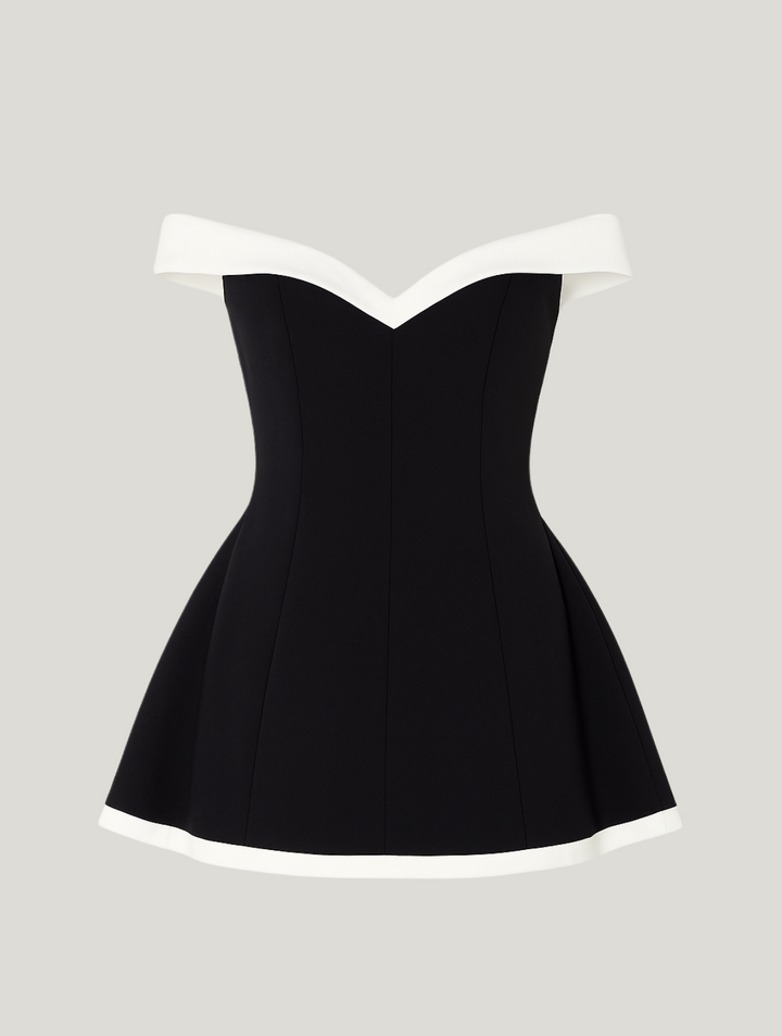 Stunning women's off-shoulder fit & flare mini dress. An elegant black cocktail party dress for special evenings.