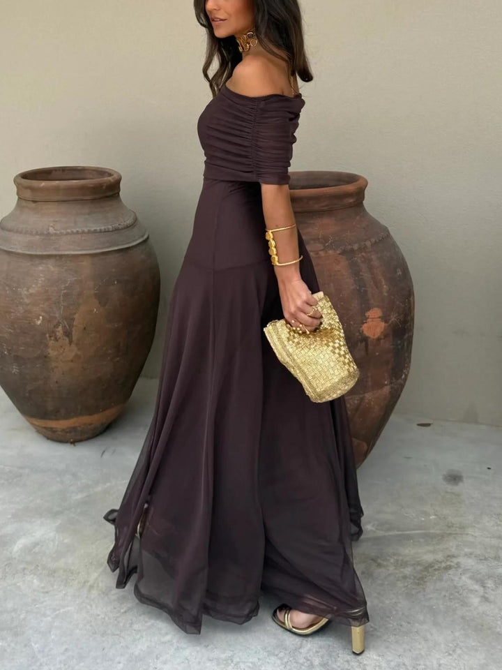 Chic women's off-shoulder evening gown. Long brown maxi dress for elegant garden parties & events.