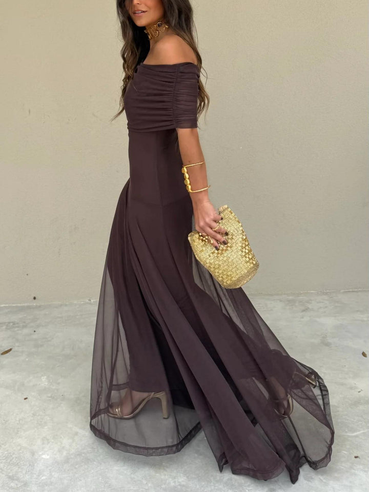 Versatile women's off-shoulder maxi dress, suitable for summer, evening events, garden parties & formal wear.