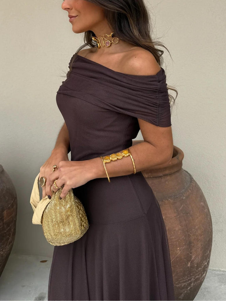 Women's brown off-shoulder maxi dress, an elegant choice for evening events, garden parties, or summer wear.