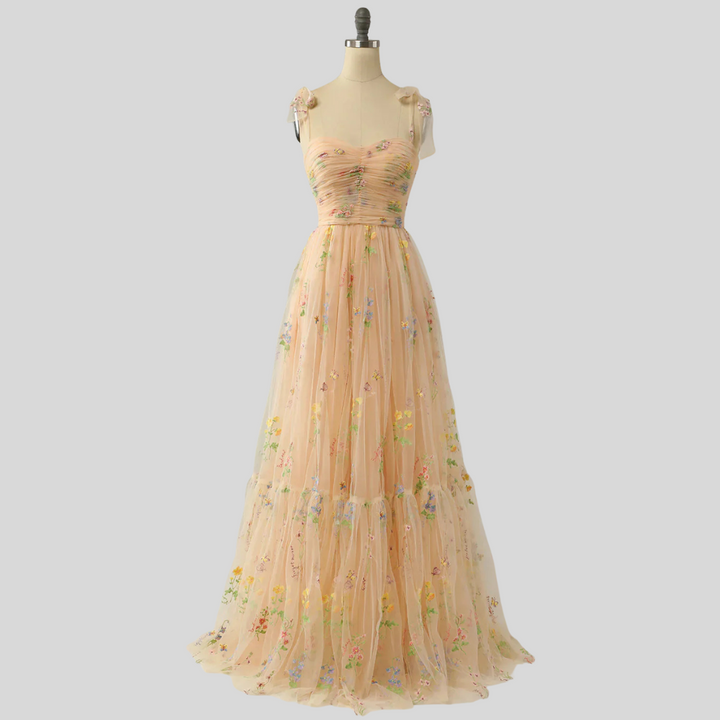 Embroidered tulle ball gown for women, a sophisticated off-shoulder evening and formal wear.