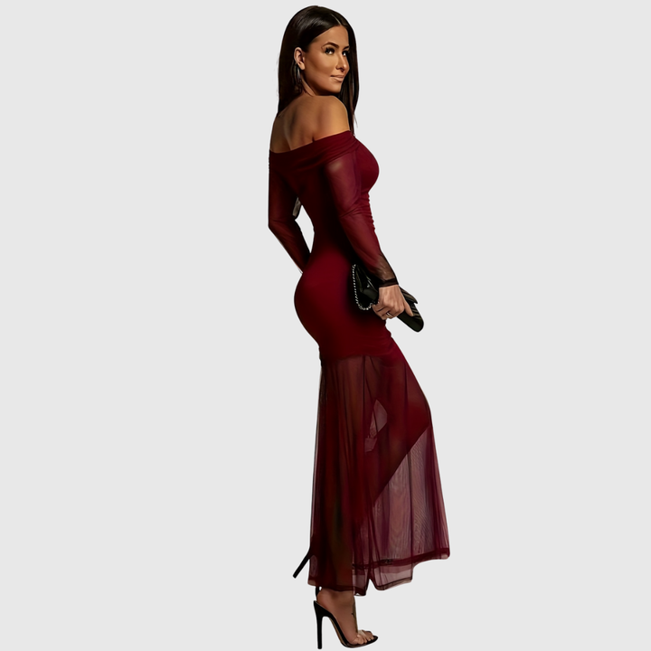 Stunning women's off-shoulder party dress, a long elegant gown for evening wear & formal occasions.