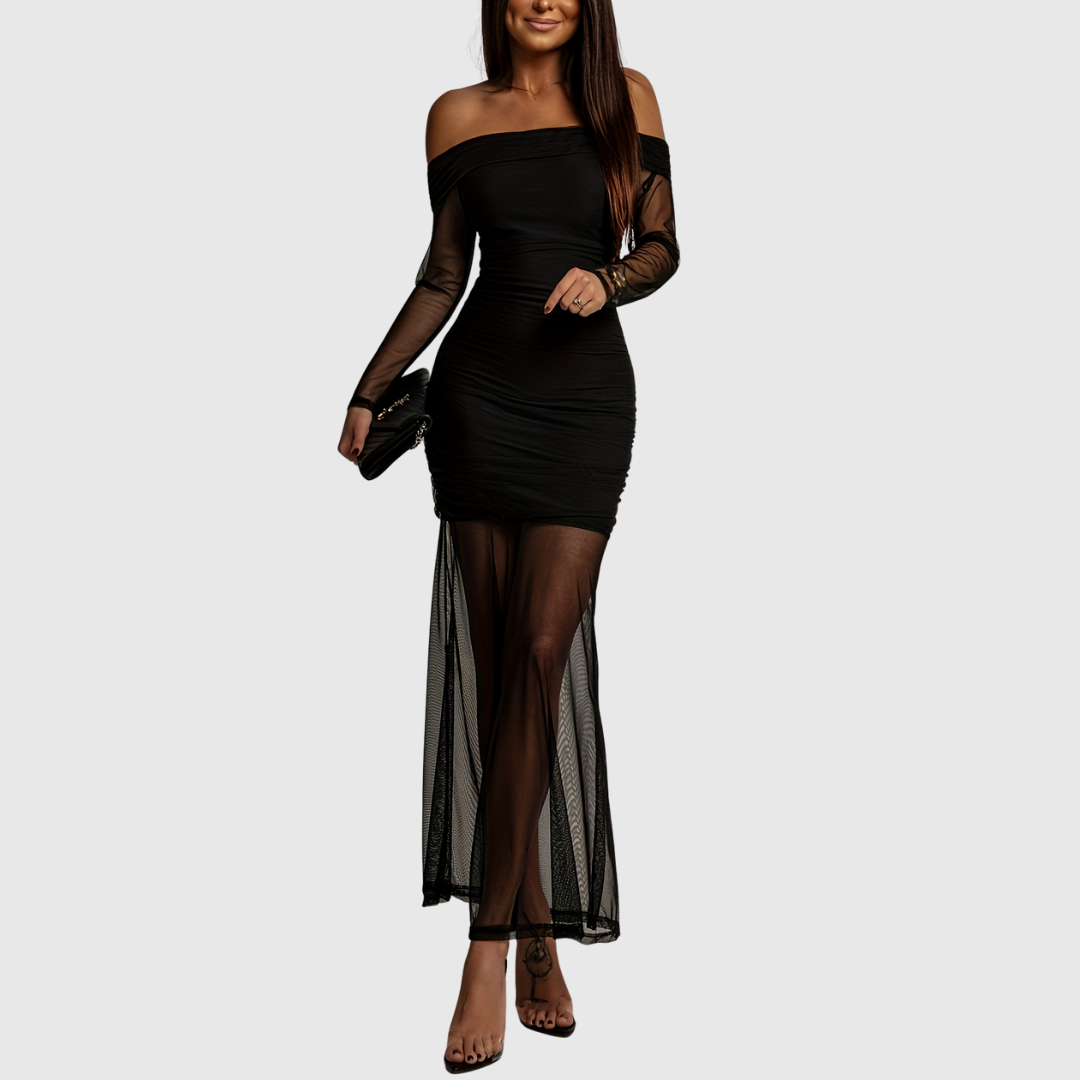 Women's elegant long off-shoulder evening gown, featuring a graceful silhouette for special occasions.