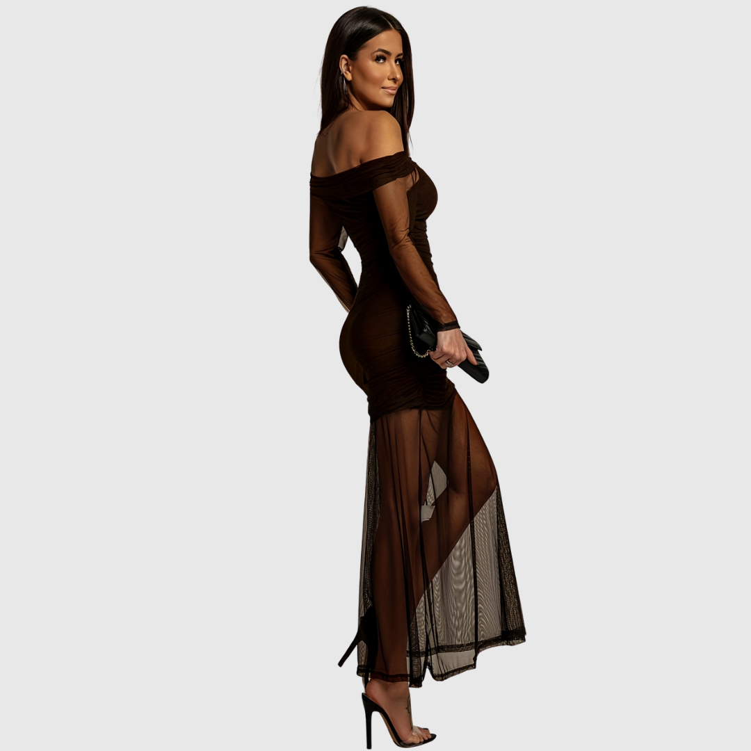 Front view of a beautiful women's off-shoulder formal evening dress with a ruched bodice design.
