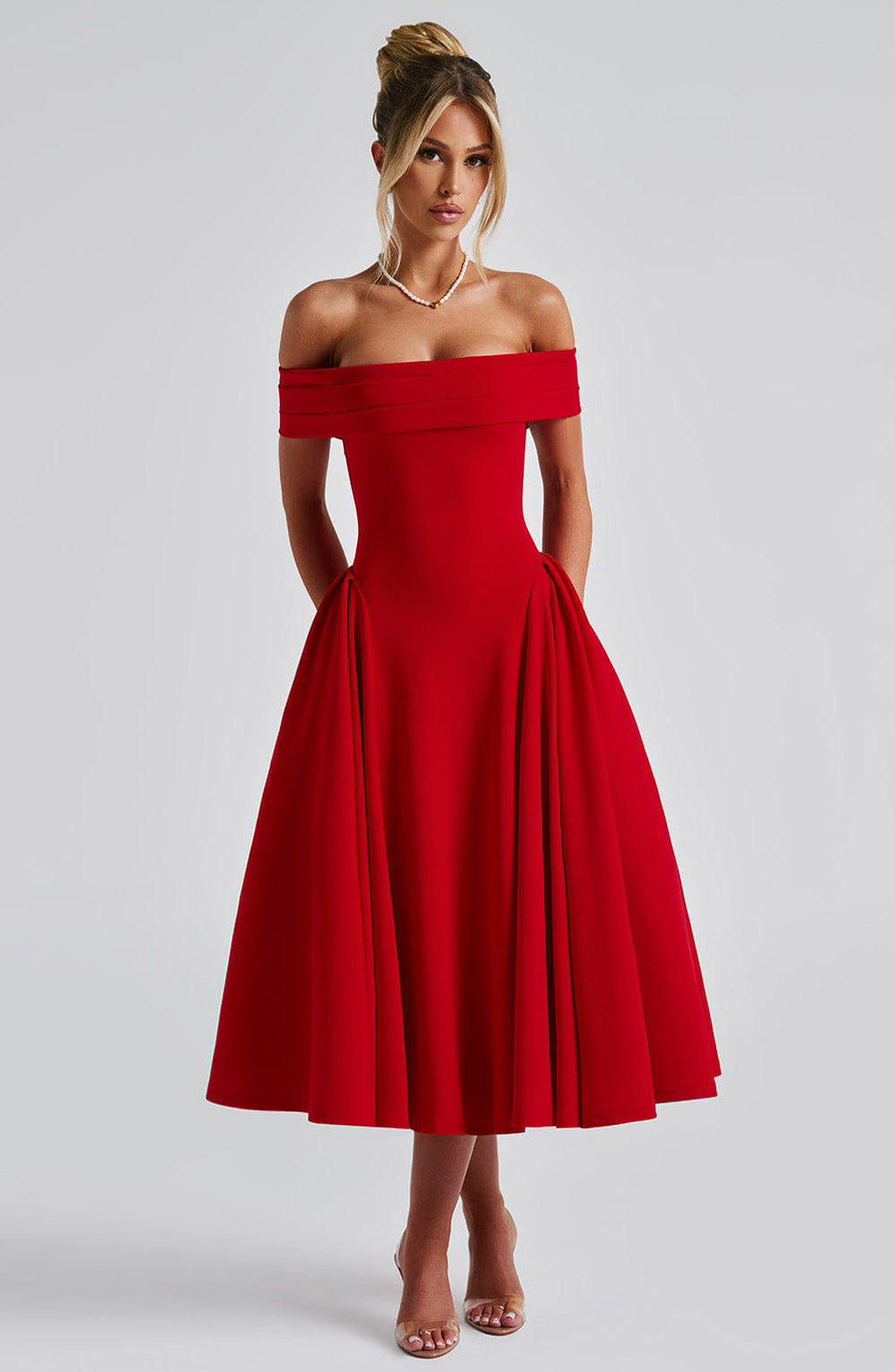Elegant women's off-shoulder flare midi dress, perfect for evening parties, formal events, or as a wedding guest.
