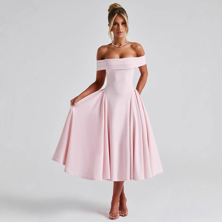 Chic women's off-shoulder midi dress featuring a sophisticated flare silhouette. Ideal for formal parties.