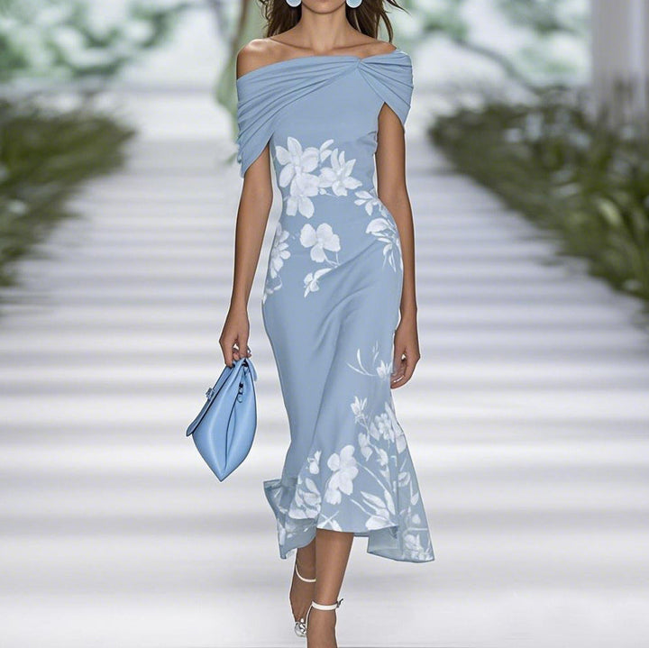 Chic women's off-shoulder midi dress with vibrant floral print, ideal for summer fashion & elegant occasions.