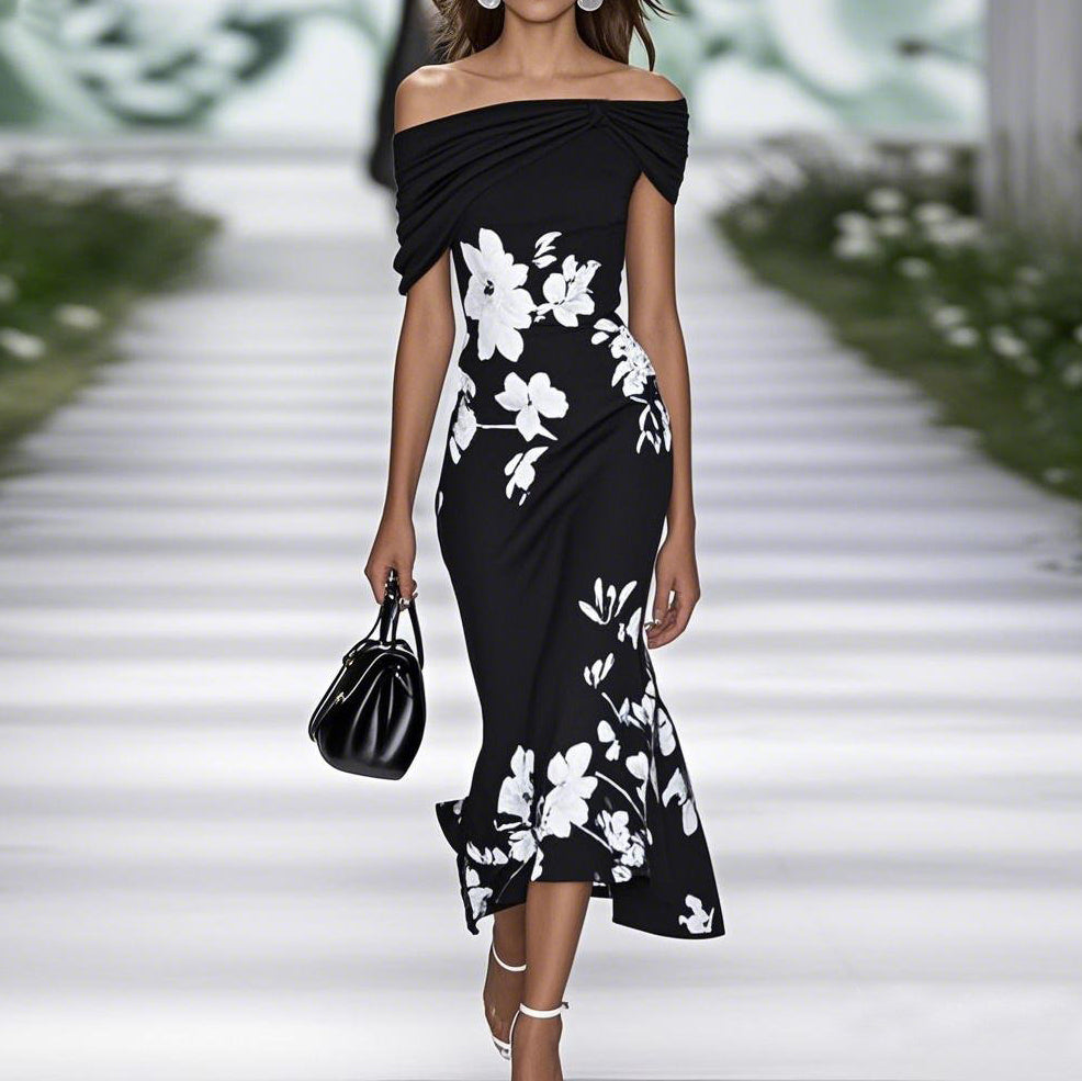 Versatile women's off-shoulder floral midi dress. Comfortable and stylish for summer events or elegant party wear.