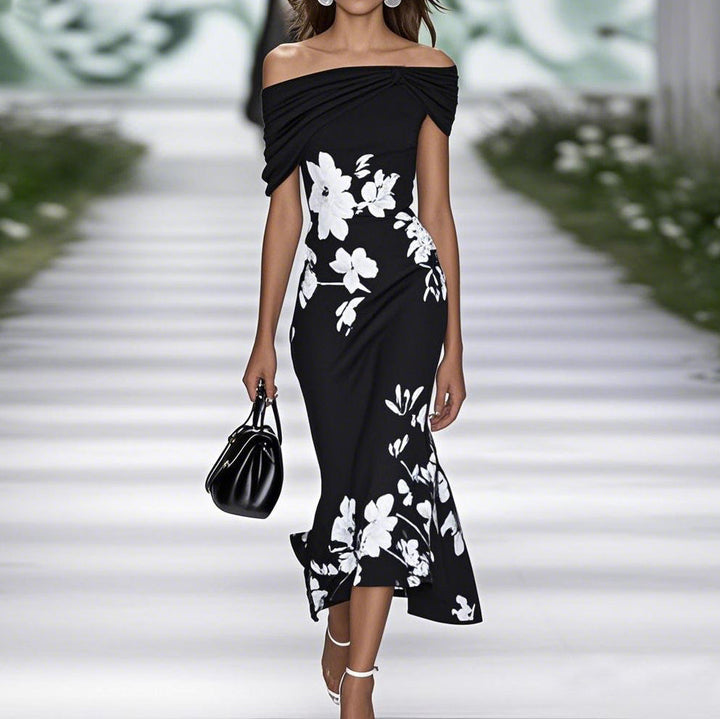Versatile women's off-shoulder floral midi dress. Comfortable and stylish for summer events or elegant party wear.