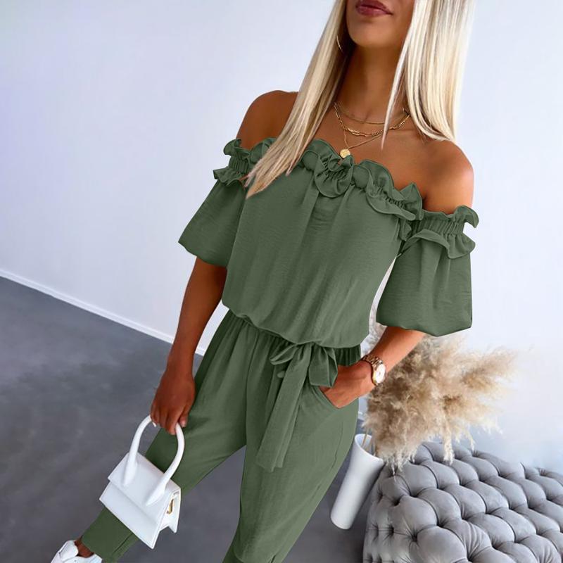 Chic women's off-shoulder jumpsuit with a flattering tie-waist, a versatile piece for modern summer and evening outfits.