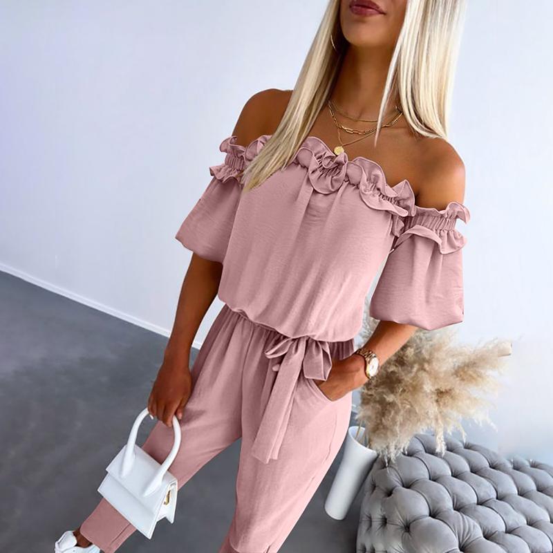 Women's elegant off-shoulder tie-waist jumpsuit in a flowy fabric, a stylish and comfortable choice for any event.