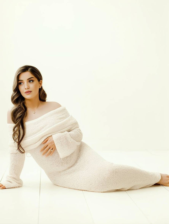 Soft regular fit women's maternity dress with off-shoulder long sleeves, ensuring comfort & style.
