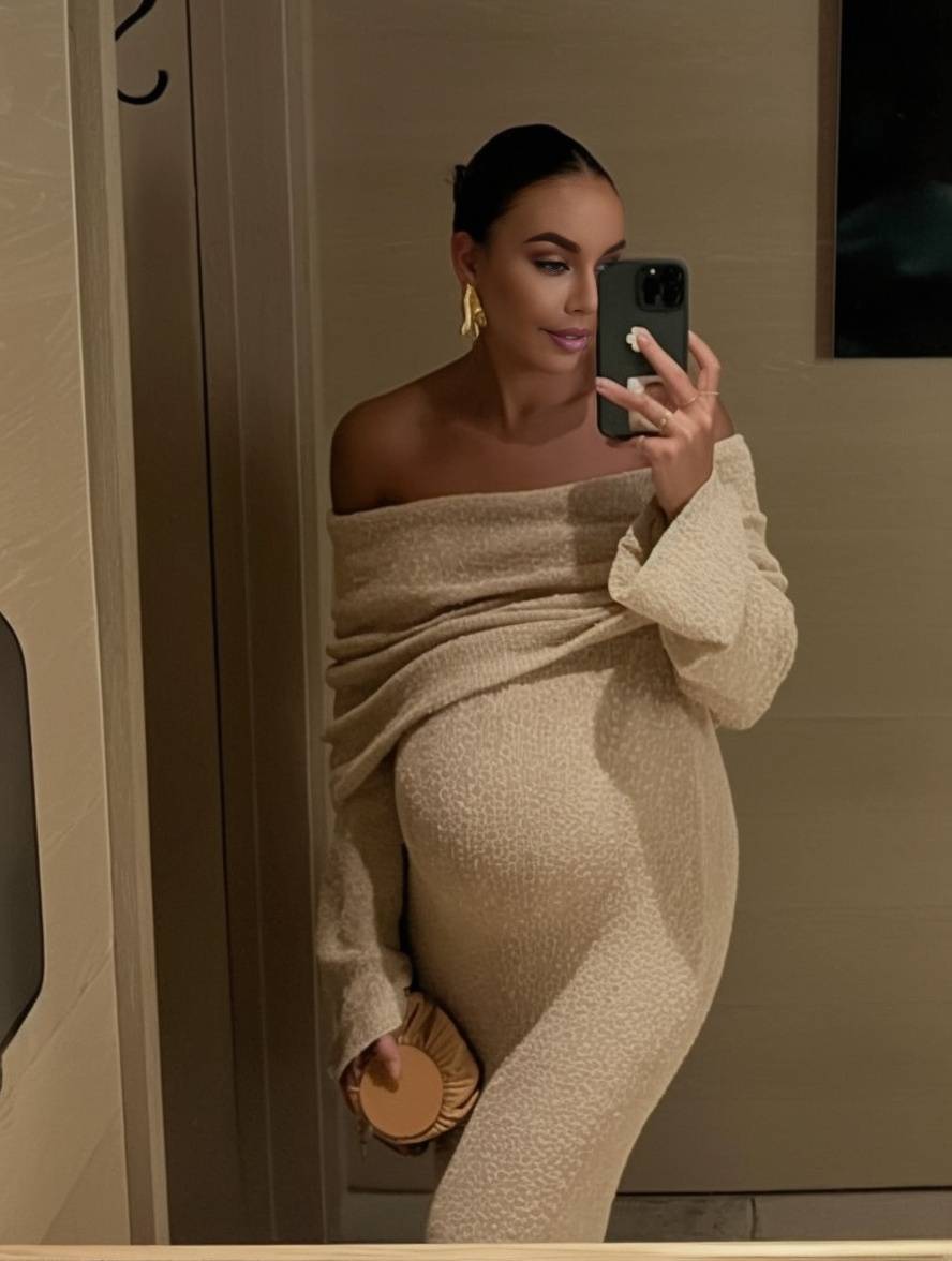 Women's off-shoulder long sleeve dress, a beautiful maternity gown perfect for elegant pregnancy photos.