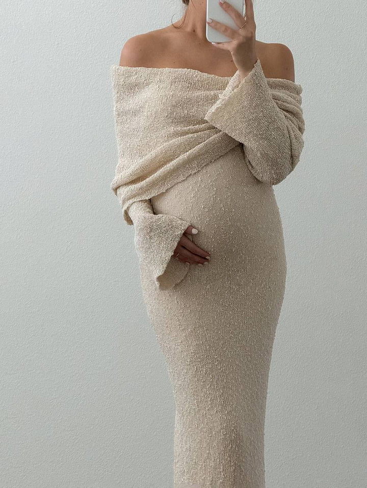 Spring/winter off-shoulder long sleeve maternity dress, a comfortable & stylish choice for baby showers.