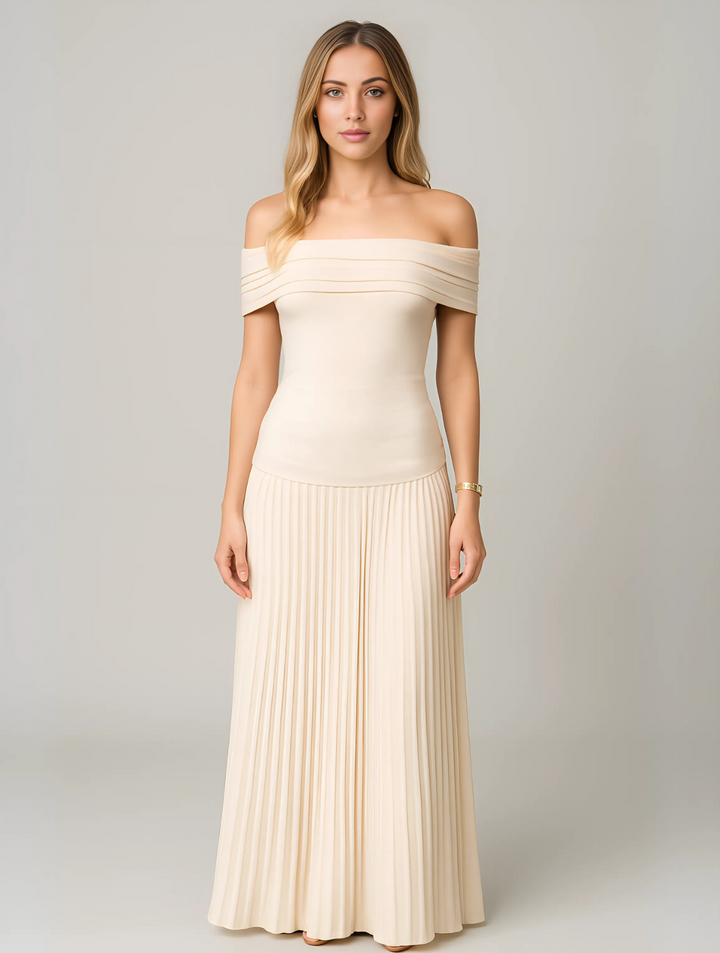 Elegant women's off-shoulder maxi dress, perfect for formal evenings & special occasions. Timeless sophisticated design.