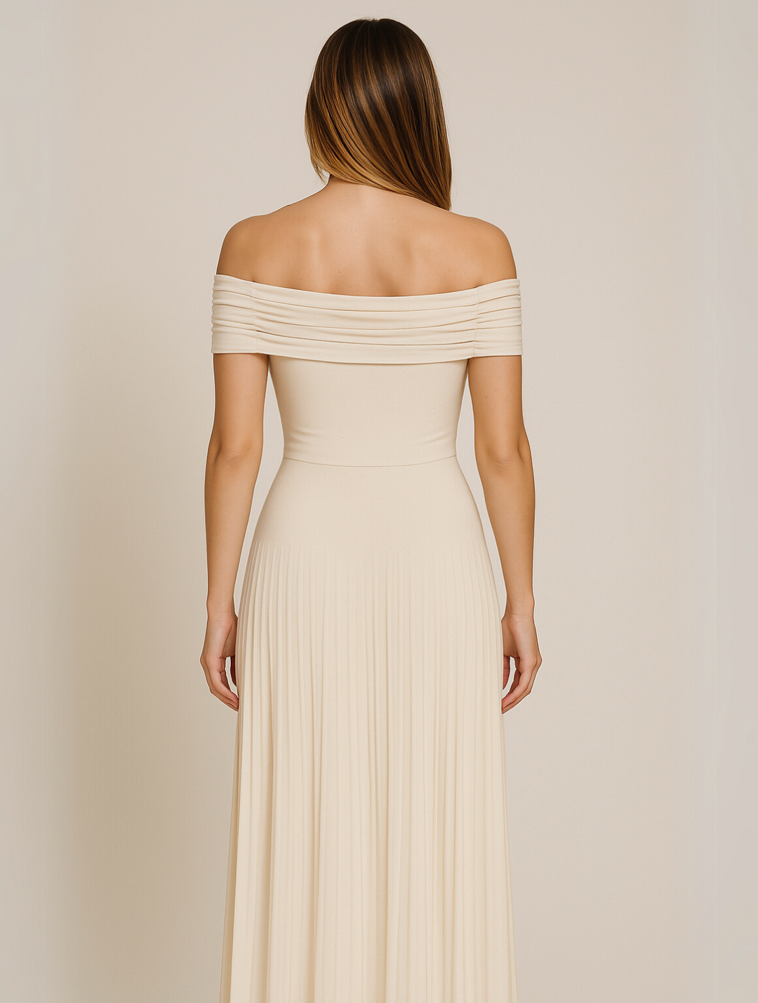 Light blue sophisticated off-shoulder maxi dress, women's formal evening wear with elegant design & pleated skirt.