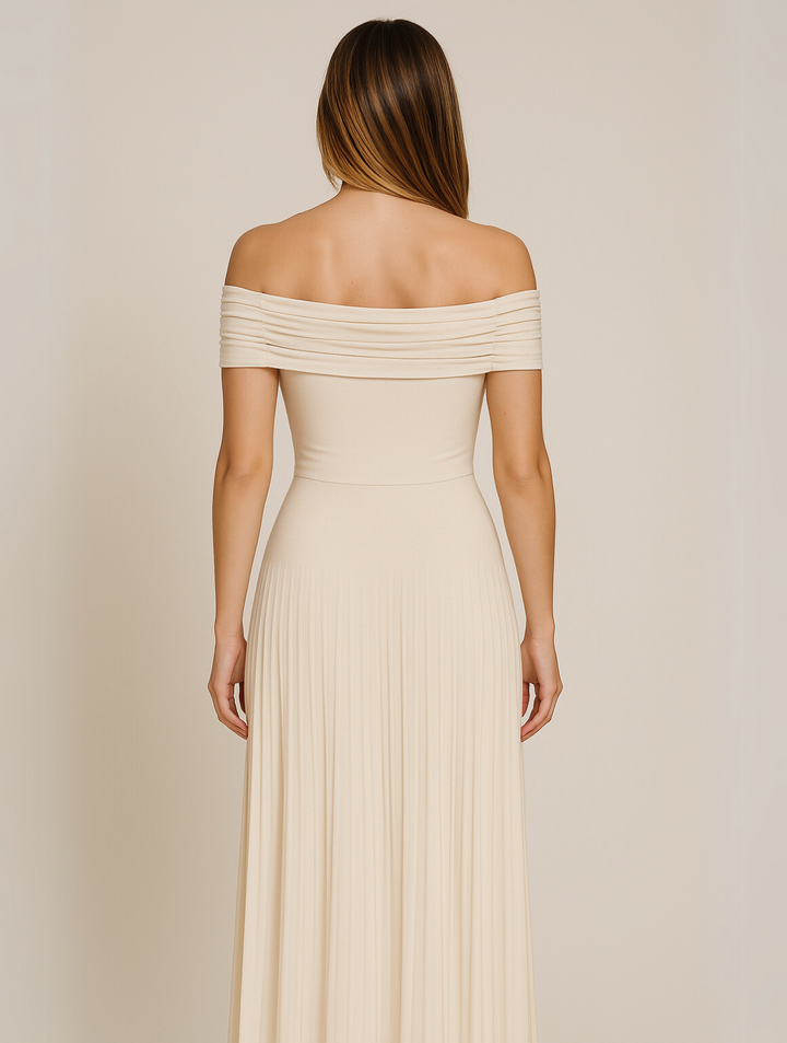 Light blue sophisticated off-shoulder maxi dress, women's formal evening wear with elegant design & pleated skirt.