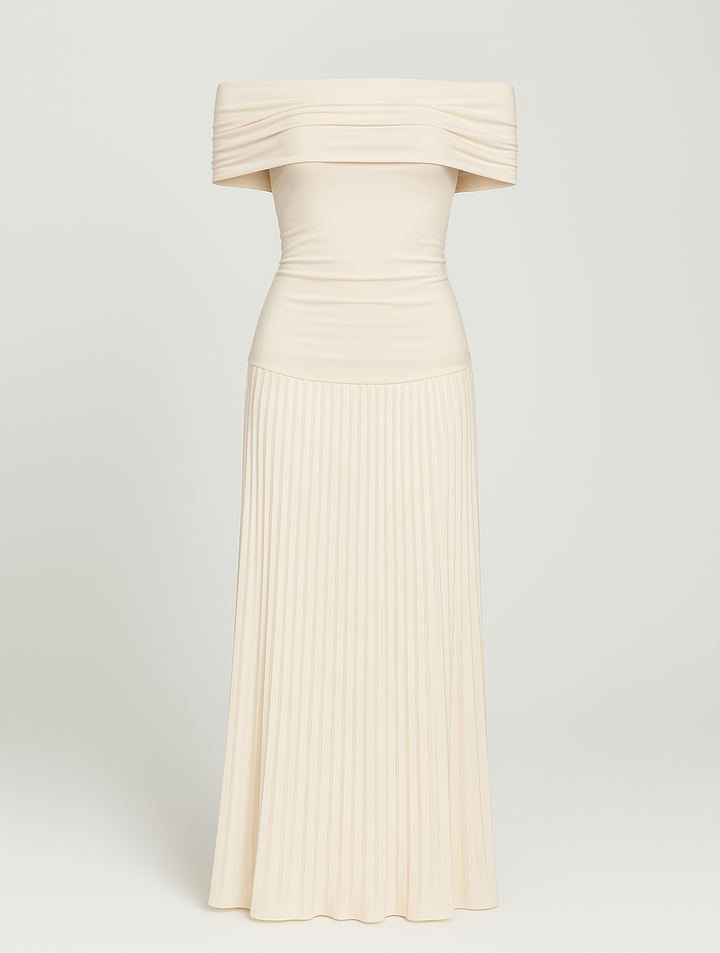 Timeless women's off-shoulder maxi dress, elegant and sophisticated. Perfect for formal events & special occasion evening wear.