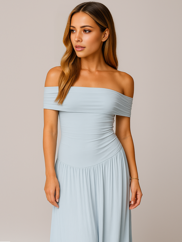 Sophisticated women's off-shoulder maxi dress, perfect for formal events. Features elegant design & flowing pleated skirt.