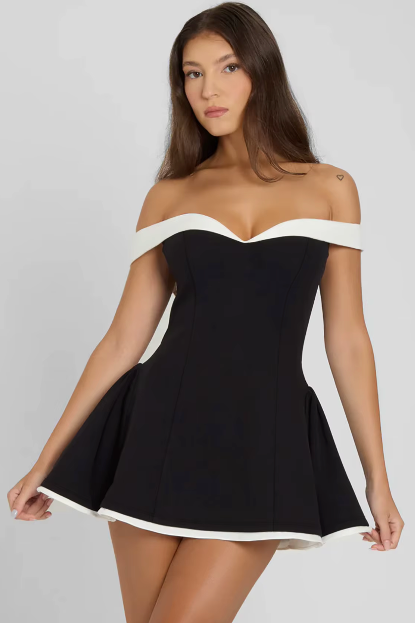 Elegant women's off-shoulder midi dress, perfect for cocktail parties & evening events. Chic & versatile flared design.