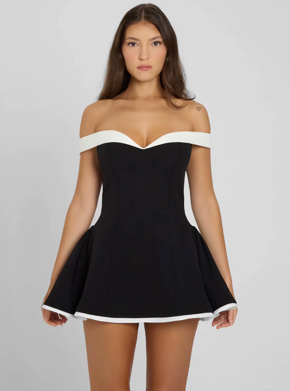 Stylish women's off-shoulder midi dress in black, ideal for cocktail, party & evening wear. Elegant flared silhouette.