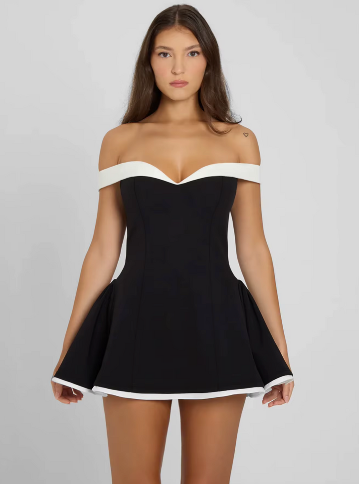 Stylish women's off-shoulder midi dress in black, ideal for cocktail, party & evening wear. Elegant flared silhouette.