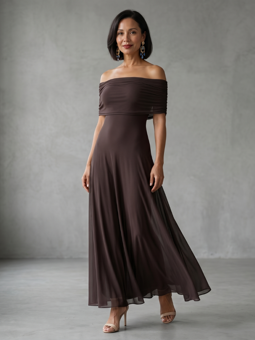 Elegant women's off-shoulder midi dress with delicate draping, perfect for evening parties & special occasions.