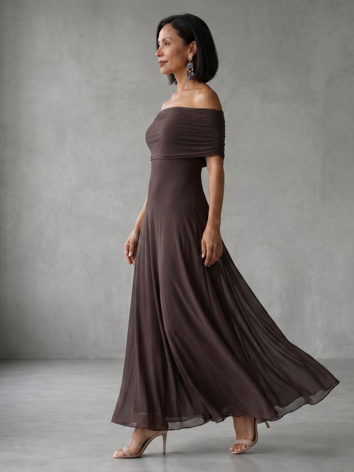 Chic off-shoulder midi evening dress for women, featuring a draped silhouette & sophisticated formal style.