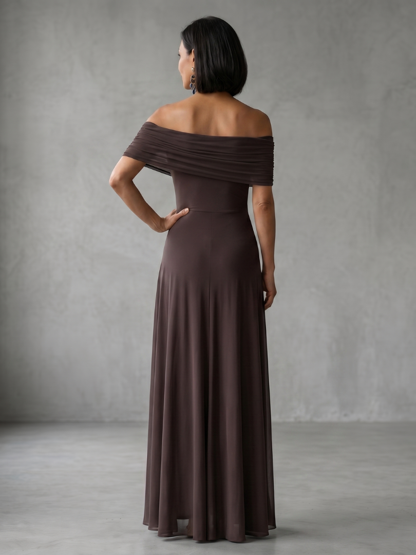 Stunning draped midi dress for women, off-shoulder design, perfect party or special occasion wear.