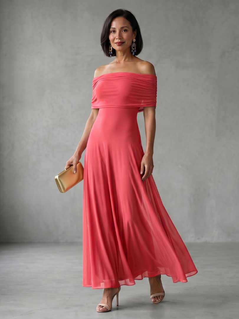 Sophisticated off-shoulder draped midi dress, a flattering feminine fashion choice for evening events.