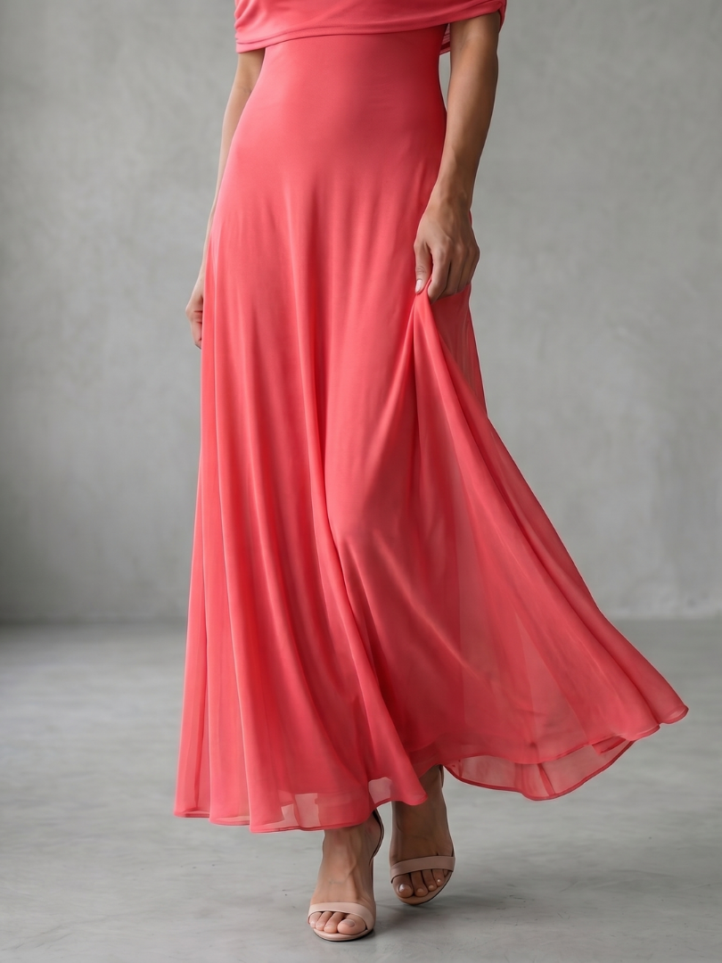 Women's elegant off-shoulder midi dress, black, with beautiful drapes, suitable for formal parties.
