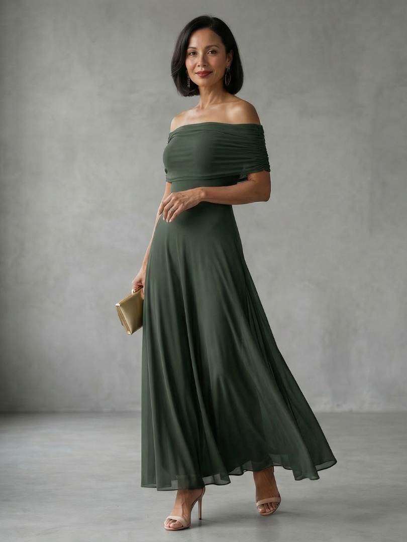 Graceful off-shoulder midi party dress, draped fabric detail, excellent for special occasion style.