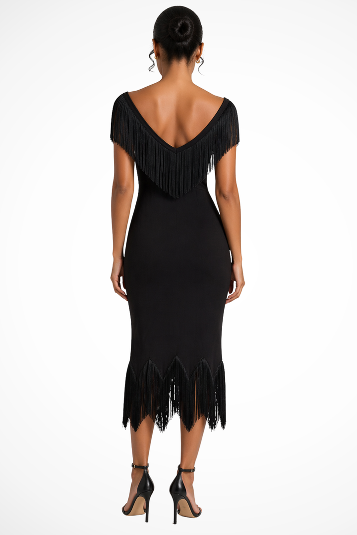Chic off-shoulder midi dress for women, featuring stylish fringe. Ideal for special occasions, evening wear & events.