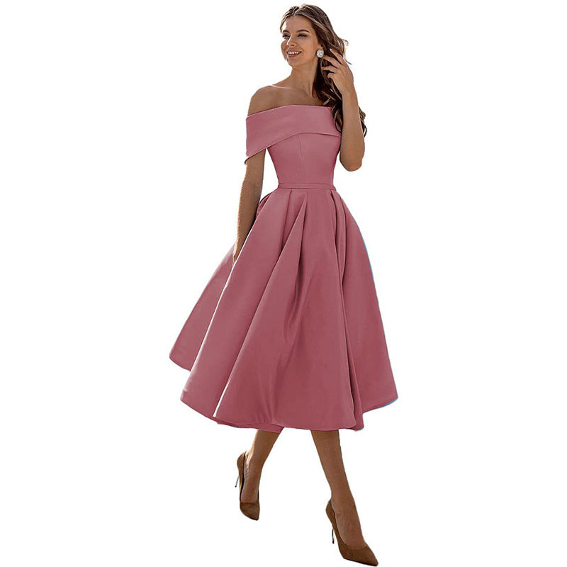 Elegant women's off-shoulder pleated A-line midi dress, perfect for wedding guests & special occasions.